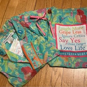 NWT Gretchen Scott Birds and Bees Pajama Set, aqua floral, size small